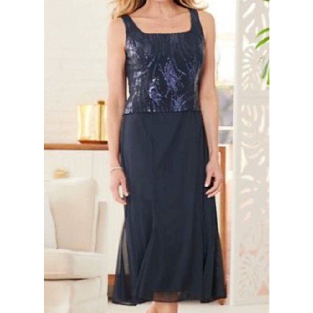 Alex Evenings Dress 16W Navy Blue Sequin Wedding Cruise Party Holiday NEW